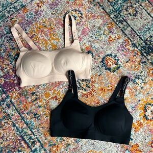 Two Momcozy Seamless Nursing Women's Beige and Black Wireless Bras